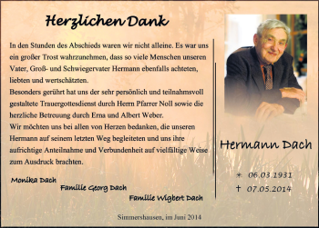 Traueranzeige von Hermann Dach 