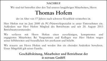 Traueranzeige von Thomas Hofem 