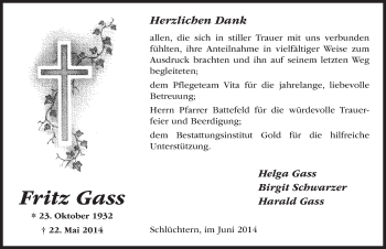 Traueranzeige von Fritz Gass 
