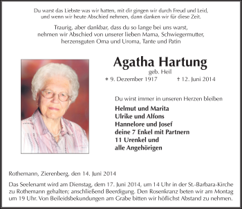 Traueranzeige von Agatha Hartung 