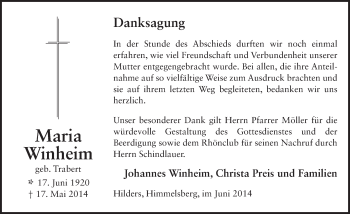 Traueranzeige von Maria Winheim 