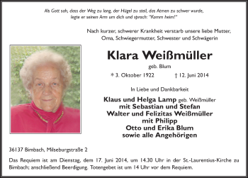Traueranzeige von Klara Weißmüller 