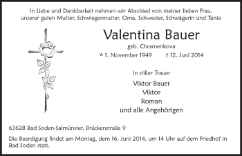Traueranzeige von Valentina Bauer 