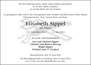 Traueranzeige von Elisabeth Sippel 