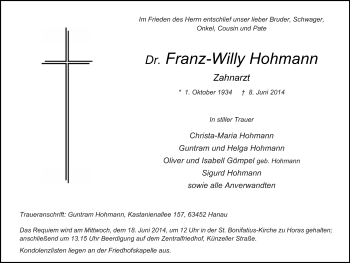 Traueranzeige von Franz-Willy Hohmann 