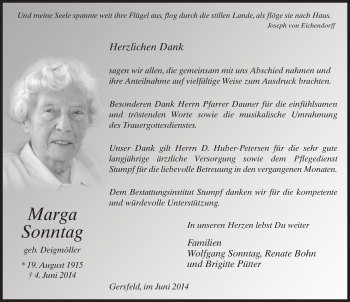 Traueranzeige von Marga Sonntag 