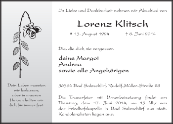 Traueranzeige von Lorenz Klitsch 