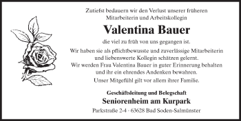 Traueranzeige von Valentina Bauer 