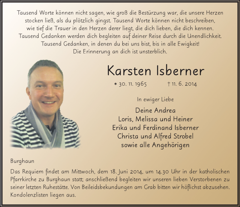  Traueranzeige für Karsten Isberner vom 17.06.2014 aus 