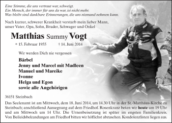 Traueranzeige von Matthias Vogt 