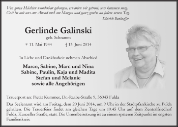 Traueranzeige von Gerlinde Galinski 