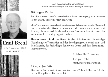 Traueranzeige von Emil Brehl 