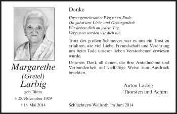 Traueranzeige von Margarethe Larbig 