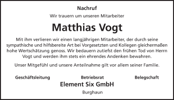 Traueranzeige von Matthias Vogt 