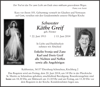 Traueranzeige von Käthe Greif 