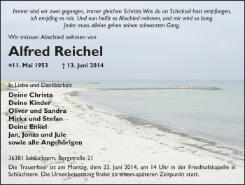 Traueranzeige von Alfred Reichel 