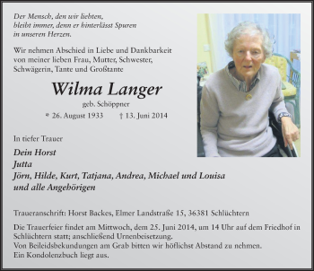Traueranzeige von Wilma Langer 