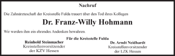 Traueranzeige von Franz-Willy Hohmann 