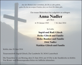 Traueranzeige von Anna Nadler 