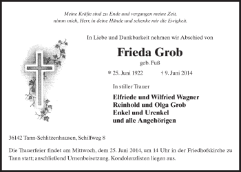 Traueranzeige von Frieda Grob 