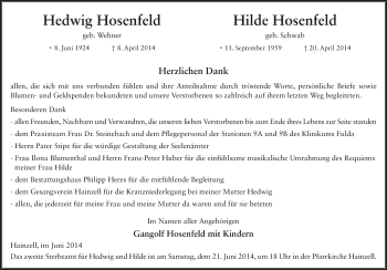 Traueranzeige von Hilde Hosenfeld 