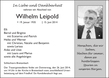 Traueranzeige von Wilhelm Leipold 