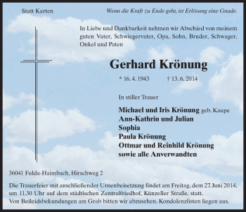 Traueranzeige von Gerhard Krönung 