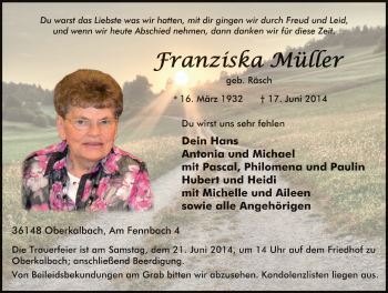 Traueranzeige von Franziska Müller 