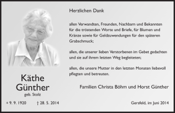 Traueranzeige von Käthe Günther 