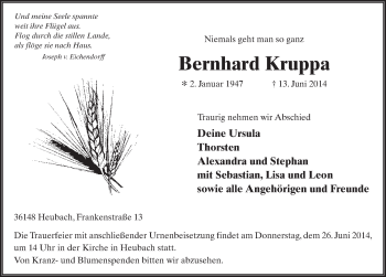 Traueranzeige von Bernhard Kruppa 