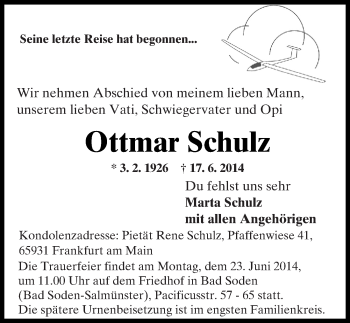 Traueranzeige von Ottmar Schulz 