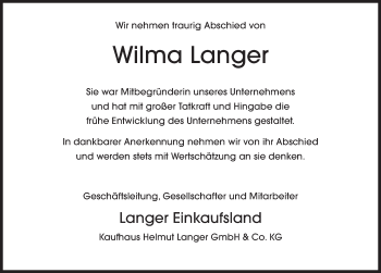 Traueranzeige von Wilma Langer 