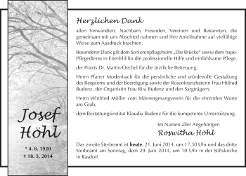 Traueranzeige von Josef Höhl 