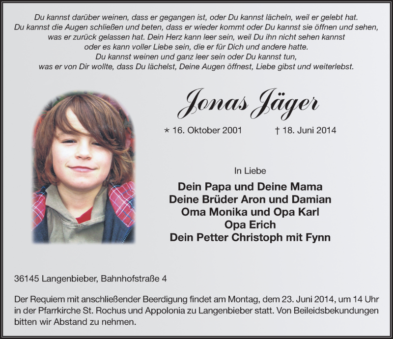  Traueranzeige für Jonas Jäger vom 21.06.2014 aus 