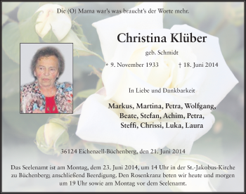 Traueranzeige von Christina Klüber 