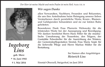 Traueranzeige von Ingeborg Lins 