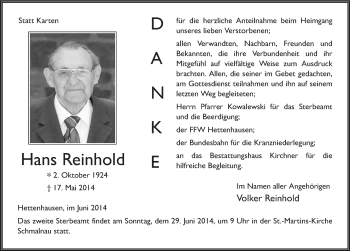 Traueranzeige von Hans Reinhold 