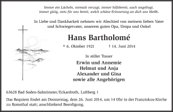 Traueranzeige von Hans Bartholomé 