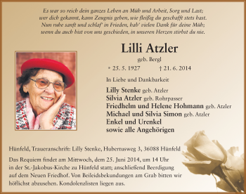 Traueranzeige von Lilli Atzler 