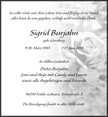 Traueranzeige von Sigrid Burjahn 
