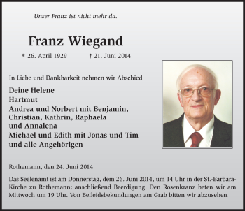 Traueranzeige von Franz Wiegand 