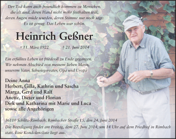 Traueranzeige von Heinrich Geßner 