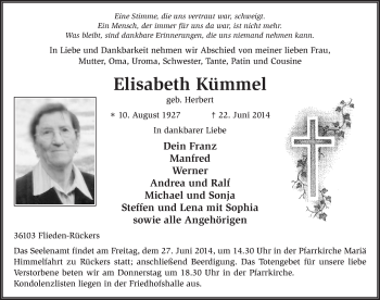 Traueranzeige von Elisabeth Kümmel 