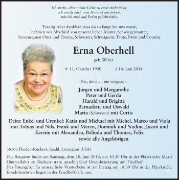 Traueranzeige von Erna Oberhell 
