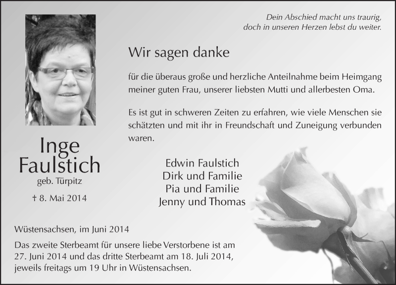  Traueranzeige für Inge Faulstich vom 25.06.2014 aus 