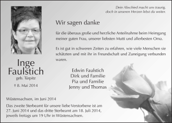 Traueranzeige von Inge Faulstich 