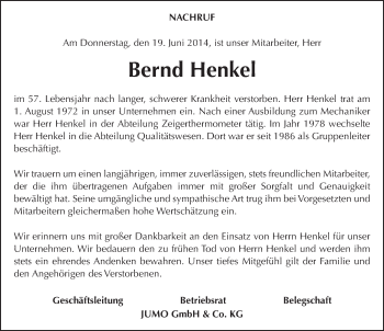 Traueranzeige von Bernd Henkel 