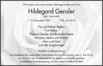 Traueranzeige von Hildegard Gensler 