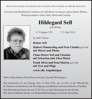 Traueranzeige von Hildegard Sell 