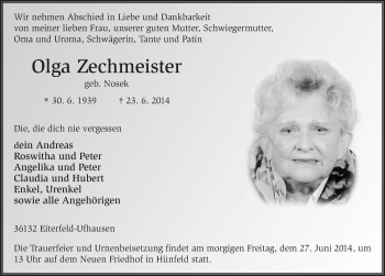 Traueranzeige von Olga Zechmeister 